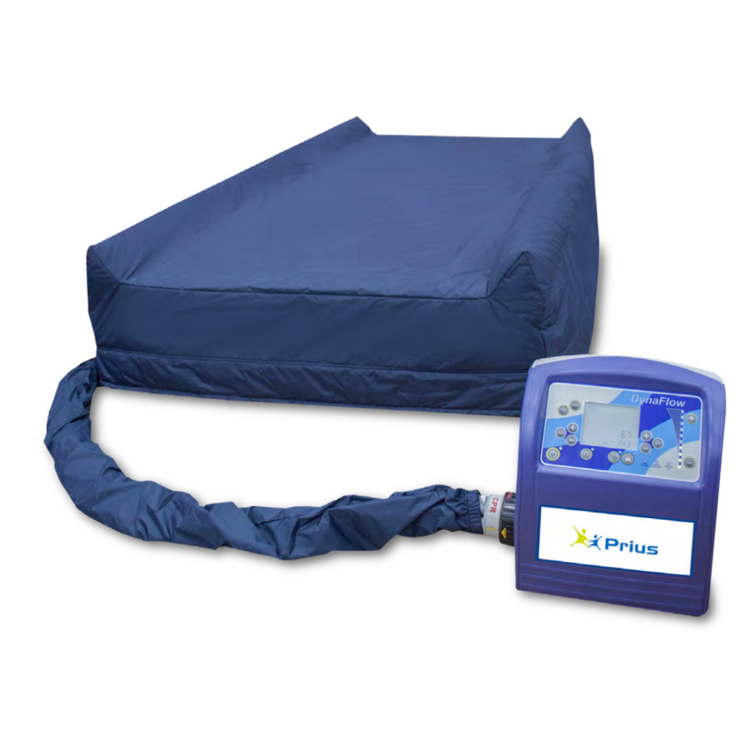The Prius DynaFlow LAL Bariatric Alternating Pressure Mattress System is a blue and purple air mattress with a tube-attached digital control panel. Its Intelligent Auto-Set Pressure ensures optimal comfort while preventing pressure sores effectively.